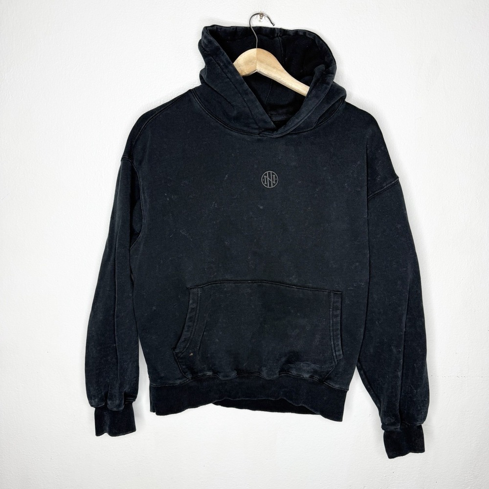 Ninth Hall Black Distressed Washed Boxy Hoodie Sweatshirt Mens Small Center Logo